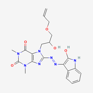 molecular formula C21H23N7O5 B2744822 (E)-7-(3-(烯丙氧基)-2-羟基丙基)-1,3-二甲基-8-(2-(2-氧代吲哚-3-基)肼基)-1H-嘧啶-2,6(3H,7H)-二酮 CAS No. 899357-92-7