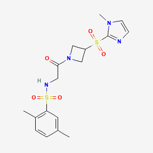 molecular formula C17H22N4O5S2 B2744949 2,5-二甲基-N-(2-(3-((1-甲基-1H-咪唑-2-基)磺酰)氮杂环丙烷-1-基)-2-氧代乙基)苯磺酰胺 CAS No. 2034429-35-9