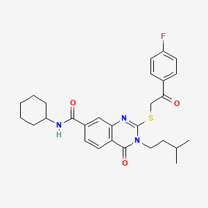 molecular formula C28H32FN3O3S B2744952 N-cyclohexyl-2-((2-(4-fluorophenyl)-2-oxoethyl)thio)-3-isopentyl-4-oxo-3,4-dihydroquinazoline-7-carboxamide CAS No. 1113136-79-0