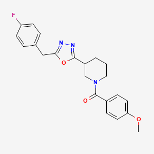 molecular formula C22H22FN3O3 B2744988 (3-(5-(4-Fluorobenzyl)-1,3,4-oxadiazol-2-yl)piperidin-1-yl)(4-methoxyphenyl)methanone CAS No. 1170362-25-0