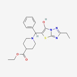 molecular formula C21H26N4O3S B2745032 Ethyl 1-((2-ethyl-6-hydroxythiazolo[3,2-b][1,2,4]triazol-5-yl)(phenyl)methyl)piperidine-4-carboxylate CAS No. 898344-67-7