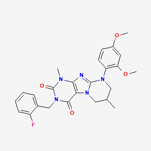 molecular formula C25H26FN5O4 B2745044 9-(2,4-dimethoxyphenyl)-3-[(2-fluorophenyl)methyl]-1,7-dimethyl-7,8-dihydro-6H-purino[7,8-a]pyrimidine-2,4-dione CAS No. 872628-37-0