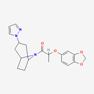 molecular formula C20H23N3O4 B2745104 1-((1R,5S)-3-(1H-pyrazol-1-yl)-8-azabicyclo[3.2.1]octan-8-yl)-2-(benzo[d][1,3]dioxol-5-yloxy)propan-1-one CAS No. 2309749-92-4