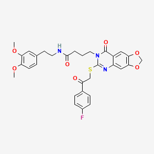 molecular formula C31H30FN3O7S B2745147 N-(3,4-dimethoxyphenethyl)-4-(6-((2-(4-fluorophenyl)-2-oxoethyl)thio)-8-oxo-[1,3]dioxolo[4,5-g]quinazolin-7(8H)-yl)butanamide CAS No. 688060-40-4