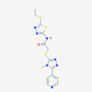 molecular formula C14H15N7OS3 B274525 N-[5-(ethylsulfanyl)-1,3,4-thiadiazol-2-yl]-2-{[4-methyl-5-(pyridin-4-yl)-4H-1,2,4-triazol-3-yl]sulfanyl}acetamide 