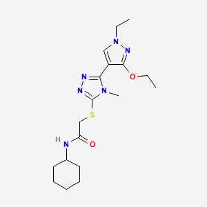 molecular formula C18H28N6O2S B2745250 N-cyclohexyl-2-((5-(3-ethoxy-1-ethyl-1H-pyrazol-4-yl)-4-methyl-4H-1,2,4-triazol-3-yl)thio)acetamide CAS No. 1013776-60-7