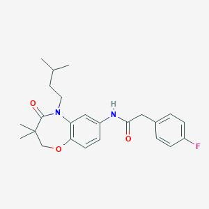 molecular formula C24H29FN2O3 B2745251 2-(4-氟苯基)-N-(5-异戊基-3,3-二甲基-4-氧代-2,3,4,5-四氢苯并[b][1,4]噁唑-7-基)乙酰胺 CAS No. 921843-15-4