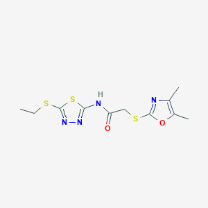 molecular formula C11H14N4O2S3 B274527 2-[(4,5-dimethyl-1,3-oxazol-2-yl)sulfanyl]-N-[5-(ethylsulfanyl)-1,3,4-thiadiazol-2-yl]acetamide 