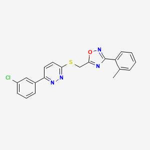 molecular formula C20H15ClN4OS B2745272 5-(((6-(3-Chlorophenyl)pyridazin-3-yl)thio)methyl)-3-(o-tolyl)-1,2,4-oxadiazole CAS No. 1114909-46-4