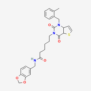 molecular formula C28H29N3O5S B2745290 N-[(2H-1,3-benzodioxol-5-yl)methyl]-6-{1-[(2-methylphenyl)methyl]-2,4-dioxo-1H,2H,3H,4H-thieno[3,2-d]pyrimidin-3-yl}hexanamide CAS No. 912884-41-4