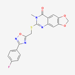 molecular formula C19H13FN4O4S B2745293 6-(((3-(4-fluorophenyl)-1,2,4-oxadiazol-5-yl)methyl)thio)-7-methyl-[1,3]dioxolo[4,5-g]quinazolin-8(7H)-one CAS No. 1112026-51-3