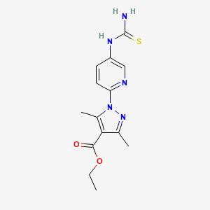 molecular formula C14H17N5O2S B2745296 乙酸1-{5-[(氨基羰硫基)氨基]-2-吡啶基}-3,5-二甲基-1H-吡唑-4-羧酸乙酯 CAS No. 956193-66-1