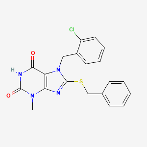 molecular formula C20H17ClN4O2S B2745313 8-(benzylthio)-7-(2-chlorobenzyl)-3-methyl-1H-purine-2,6(3H,7H)-dione CAS No. 313470-34-7