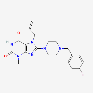 molecular formula C20H23FN6O2 B2745336 8-[4-[(4-Fluorophenyl)methyl]piperazin-1-yl]-3-methyl-7-prop-2-enylpurine-2,6-dione CAS No. 878430-24-1