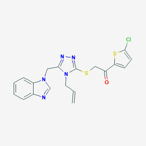 molecular formula C19H16ClN5OS2 B274540 2-{[5-(1H-benzimidazol-1-ylmethyl)-4-(prop-2-en-1-yl)-4H-1,2,4-triazol-3-yl]sulfanyl}-1-(5-chlorothiophen-2-yl)ethanone 