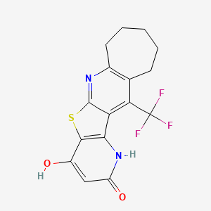 molecular formula C16H13F3N2O2S B2745474 16-Hydroxy-10-(trifluoromethyl)-18-thia-2,13-diazatetracyclo[9.7.0.0^{3,9}.0^{12,17}]octadeca-1(11),2,9,12(17),15-pentaen-14-one CAS No. 626221-82-7