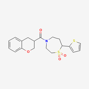 molecular formula C19H21NO4S2 B2745489 Chroman-3-yl(1,1-dioxido-7-(thiophen-2-yl)-1,4-thiazepan-4-yl)methanone CAS No. 2034382-27-7