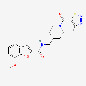 molecular formula C20H22N4O4S B2745550 7-methoxy-N-((1-(4-methyl-1,2,3-thiadiazole-5-carbonyl)piperidin-4-yl)methyl)benzofuran-2-carboxamide CAS No. 1235007-22-3