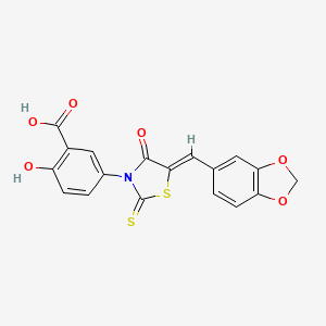 molecular formula C18H11NO6S2 B2745570 (Z)-5-(5-(benzo[d][1,3]dioxol-5-ylmethylene)-4-oxo-2-thioxothiazolidin-3-yl)-2-hydroxybenzoic acid CAS No. 872696-46-3