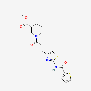 molecular formula C19H23N3O4S2 B2745571 Ethyl 1-(3-(2-(thiophene-2-carboxamido)thiazol-4-yl)propanoyl)piperidine-3-carboxylate CAS No. 1334372-53-0