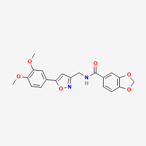 molecular formula C20H18N2O6 B2745616 N-((5-(3,4-dimethoxyphenyl)isoxazol-3-yl)methyl)benzo[d][1,3]dioxole-5-carboxamide CAS No. 952970-18-2