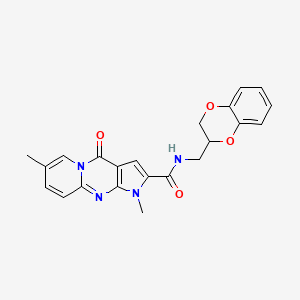 molecular formula C22H20N4O4 B2745630 N-((2,3-dihydrobenzo[b][1,4]dioxin-2-yl)methyl)-1,7-dimethyl-4-oxo-1,4-dihydropyrido[1,2-a]pyrrolo[2,3-d]pyrimidine-2-carboxamide CAS No. 946259-29-6