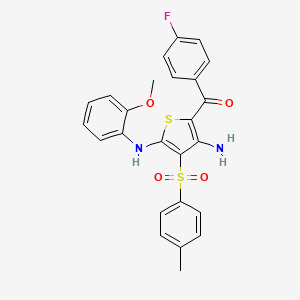molecular formula C25H21FN2O4S2 B2745680 (3-Amino-5-((2-methoxyphenyl)amino)-4-tosylthiophen-2-yl)(4-fluorophenyl)methanone CAS No. 959504-33-7