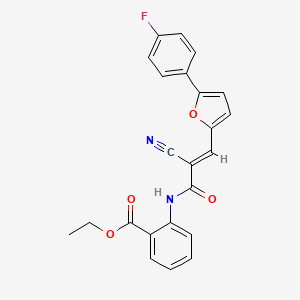 molecular formula C23H17FN2O4 B2745823 (E)-乙酸-2-(2-氰-3-(5-(4-氟苯基)呋喃-2-基)丙烯酰胺基)苯酯 CAS No. 327062-89-5