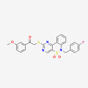 molecular formula C26H20FN3O4S2 B2745836 2-{[6-(4-fluorobenzyl)-5,5-dioxido-6H-pyrimido[5,4-c][2,1]benzothiazin-2-yl]thio}-1-(3-methoxyphenyl)ethanone CAS No. 932448-81-2