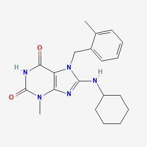 molecular formula C20H25N5O2 B2745895 8-(环己基氨基)-3-甲基-7-[(2-甲基苯基)甲基]嘧啶-2,6-二酮 CAS No. 878420-77-0