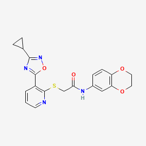 molecular formula C20H18N4O4S B2745932 2-((3-(3-cyclopropyl-1,2,4-oxadiazol-5-yl)pyridin-2-yl)thio)-N-(2,3-dihydrobenzo[b][1,4]dioxin-6-yl)acetamide CAS No. 1251574-69-2