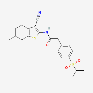 molecular formula C21H24N2O3S2 B2745961 N-(3-cyano-6-methyl-4,5,6,7-tetrahydrobenzo[b]thiophen-2-yl)-2-(4-(isopropylsulfonyl)phenyl)acetamide CAS No. 955537-84-5