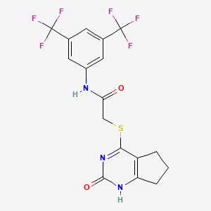 molecular formula C17H13F6N3O2S B2746006 N-(3,5-bis(trifluoromethyl)phenyl)-2-((2-oxo-2,5,6,7-tetrahydro-1H-cyclopenta[d]pyrimidin-4-yl)thio)acetamide CAS No. 898443-89-5