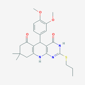 molecular formula C24H29N3O4S B2746017 5-(3,4-dimethoxyphenyl)-8,8-dimethyl-2-(propylsulfanyl)-5,8,9,10-tetrahydropyrimido[4,5-b]quinoline-4,6(3H,7H)-dione CAS No. 627049-08-5