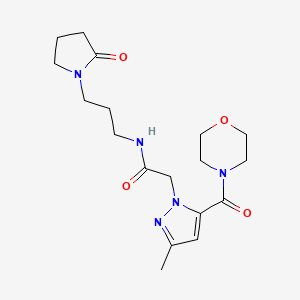 molecular formula C18H27N5O4 B2746040 2-(3-methyl-5-(morpholine-4-carbonyl)-1H-pyrazol-1-yl)-N-(3-(2-oxopyrrolidin-1-yl)propyl)acetamide CAS No. 1171620-61-3