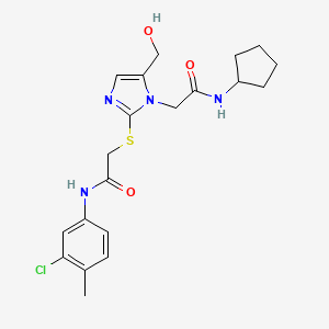 molecular formula C20H25ClN4O3S B2746108 2-[2-({2-[(3-chloro-4-methylphenyl)amino]-2-oxoethyl}thio)-5-(hydroxymethyl)-1H-imidazol-1-yl]-N-cyclopentylacetamide CAS No. 923201-12-1