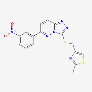 molecular formula C16H12N6O2S2 B2746116 2-Methyl-4-(((6-(3-nitrophenyl)-[1,2,4]triazolo[4,3-b]pyridazin-3-yl)thio)methyl)thiazole CAS No. 1203046-41-6