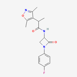 molecular formula C17H18FN3O3 B2746146 2-(3,5-dimethyl-1,2-oxazol-4-yl)-N-[1-(4-fluorophenyl)-2-oxoazetidin-3-yl]propanamide CAS No. 1796910-32-1