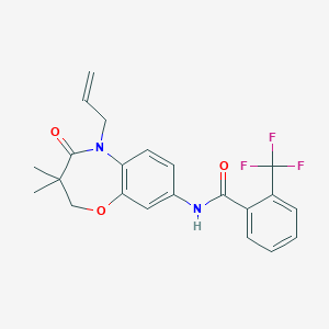 molecular formula C22H21F3N2O3 B2746154 N-(5-烯基-3,3-二甲基-4-氧代-2,3,4,5-四氢苯并[b][1,4]噁杂环-8-基)-2-(三氟甲基)苯甲酰胺 CAS No. 921564-67-2