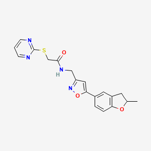 molecular formula C19H18N4O3S B2746197 N-((5-(2-methyl-2,3-dihydrobenzofuran-5-yl)isoxazol-3-yl)methyl)-2-(pyrimidin-2-ylthio)acetamide CAS No. 1207051-19-1