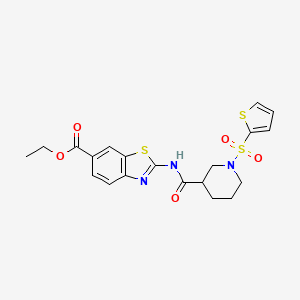 molecular formula C20H21N3O5S3 B2746215 乙酸 2-(1-(噻吩-2-基磺醯基)哌啶-3-羧酰胺基)苯并[d]噻唑-6-羧酸酯 CAS No. 921781-75-1