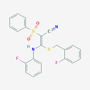 molecular formula C22H16F2N2O2S2 B2746290 (E)-3-((2-fluorobenzyl)thio)-3-((2-fluorophenyl)amino)-2-(phenylsulfonyl)acrylonitrile CAS No. 866347-05-9