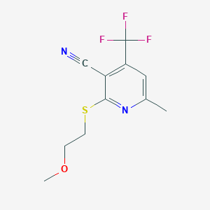 molecular formula C11H11F3N2OS B2746301 2-((2-Methoxyethyl)thio)-6-methyl-4-(trifluoromethyl)nicotinonitrile CAS No. 905772-27-2