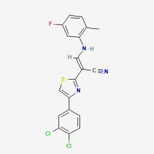 molecular formula C19H12Cl2FN3S B2746307 (2E)-2-[4-(3,4-dichlorophenyl)-1,3-thiazol-2-yl]-3-[(5-fluoro-2-methylphenyl)amino]prop-2-enenitrile CAS No. 477297-93-1