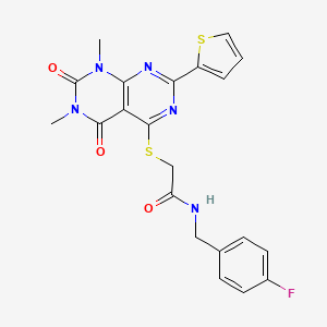 molecular formula C21H18FN5O3S2 B2746309 2-((6,8-dimethyl-5,7-dioxo-2-(thiophen-2-yl)-5,6,7,8-tetrahydropyrimido[4,5-d]pyrimidin-4-yl)thio)-N-(4-fluorobenzyl)acetamide CAS No. 847191-96-2