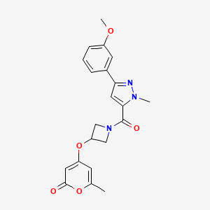molecular formula C21H21N3O5 B2746311 4-((1-(3-(3-methoxyphenyl)-1-methyl-1H-pyrazole-5-carbonyl)azetidin-3-yl)oxy)-6-methyl-2H-pyran-2-one CAS No. 1787880-19-6