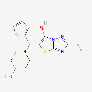 molecular formula C16H20N4O2S2 B2746313 2-Ethyl-5-((4-hydroxypiperidin-1-yl)(thiophen-2-yl)methyl)thiazolo[3,2-b][1,2,4]triazol-6-ol CAS No. 886917-85-7