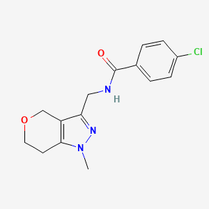molecular formula C15H16ClN3O2 B2746319 4-chloro-N-((1-methyl-1,4,6,7-tetrahydropyrano[4,3-c]pyrazol-3-yl)methyl)benzamide CAS No. 1797860-74-2