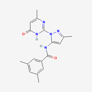 molecular formula C18H19N5O2 B2746363 3,5-dimethyl-N-(3-methyl-1-(4-methyl-6-oxo-1,6-dihydropyrimidin-2-yl)-1H-pyrazol-5-yl)benzamide CAS No. 1019099-42-3