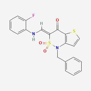 molecular formula C20H15FN2O3S2 B2746369 (Z)-1-benzyl-3-(((2-fluorophenyl)amino)methylene)-1H-thieno[3,2-c][1,2]thiazin-4(3H)-one 2,2-dioxide CAS No. 894669-28-4